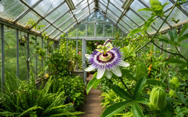 White passionflower (Passiflora) intricate bloom close-up.