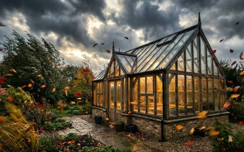 A sturdy wooden greenhouse standing firm in a British garden during a windy autumn storm, protecting plants inside.