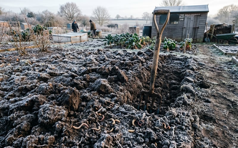 UK allotment plot with deep winter digging exposing dark earth wireworms and grubs on the soil surface with garden fork stuck upright and frost on the ground