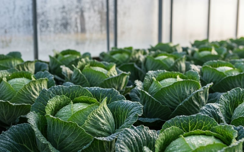 Fresh cabbage heads growing in rows inside a UK greenhouse in winter