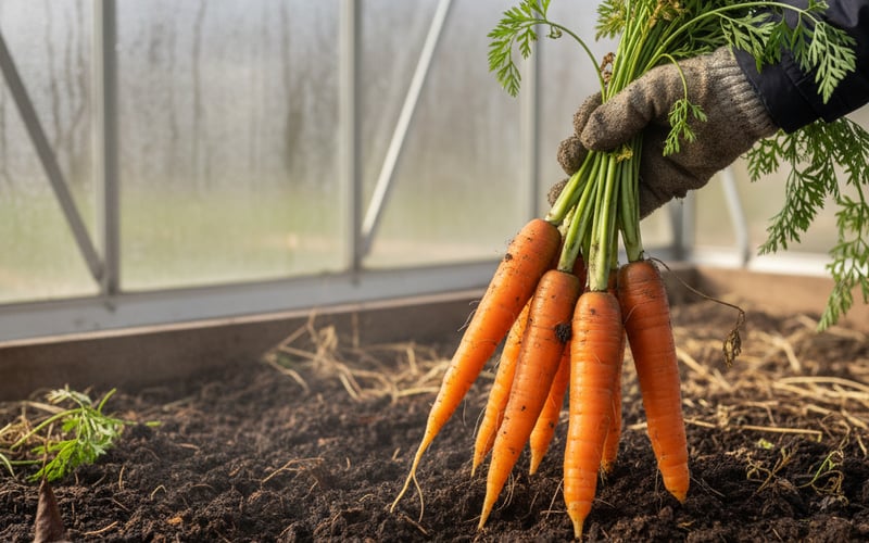 Fresh carrots pulled from soil in a winter greenhouse raised bed