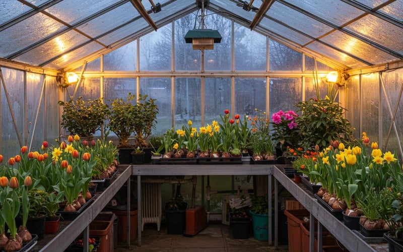 Winter greenhouse scene with forced bulbs, herbs, and tropical plants thriving in cold weather.
