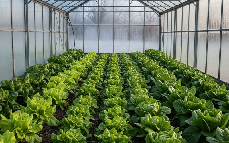 Rows of winter lettuce growing inside an unheated UK greenhouse