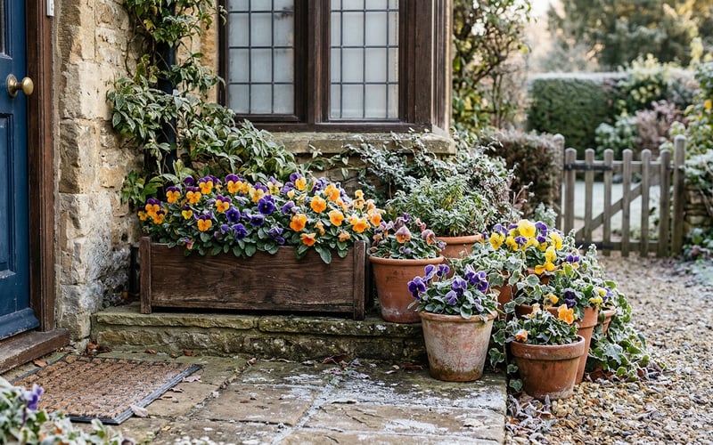 Purple yellow and orange winter pansies in terracotta pots and window boxes on a frosty British cottage doorstep