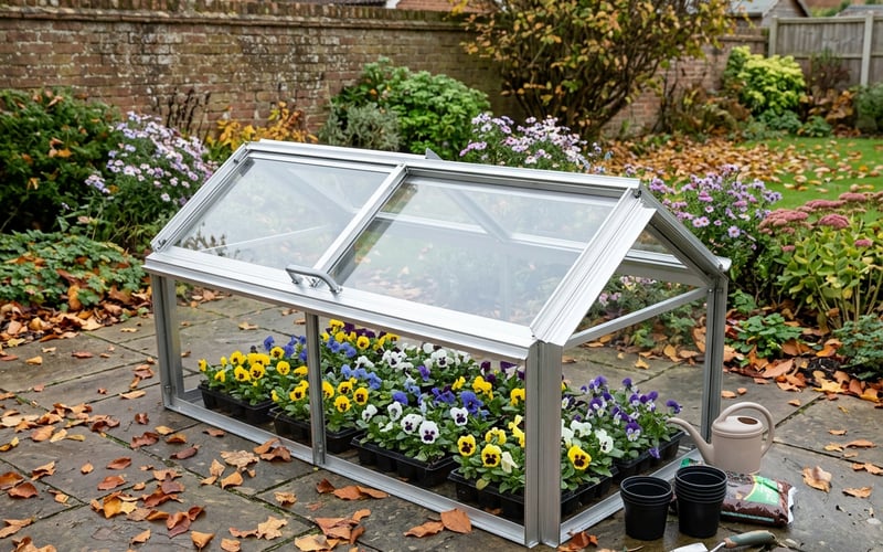 Elite Min E Lite 4x2 cold frame with winter pansy plug plants in a UK garden