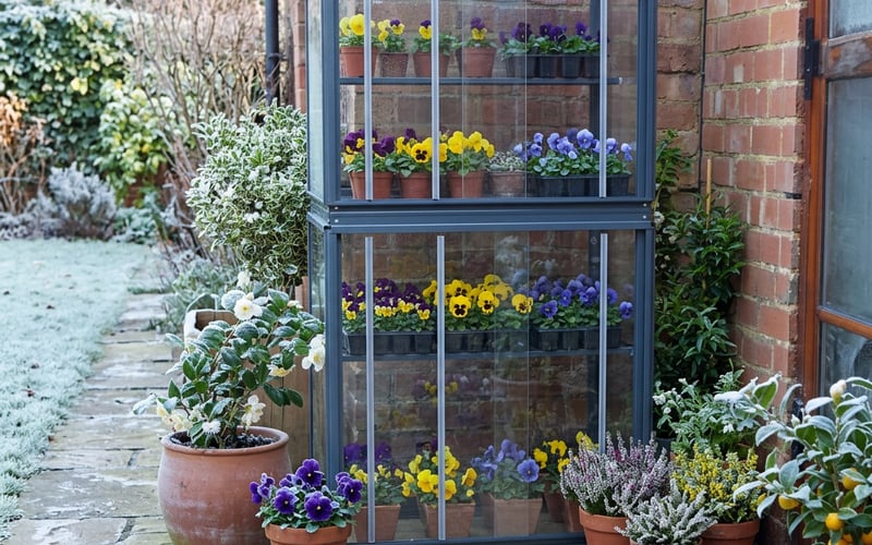 Access 2x3 City Growhouse mini greenhouse with winter pansies in pots visible through the glass on a frosty patio