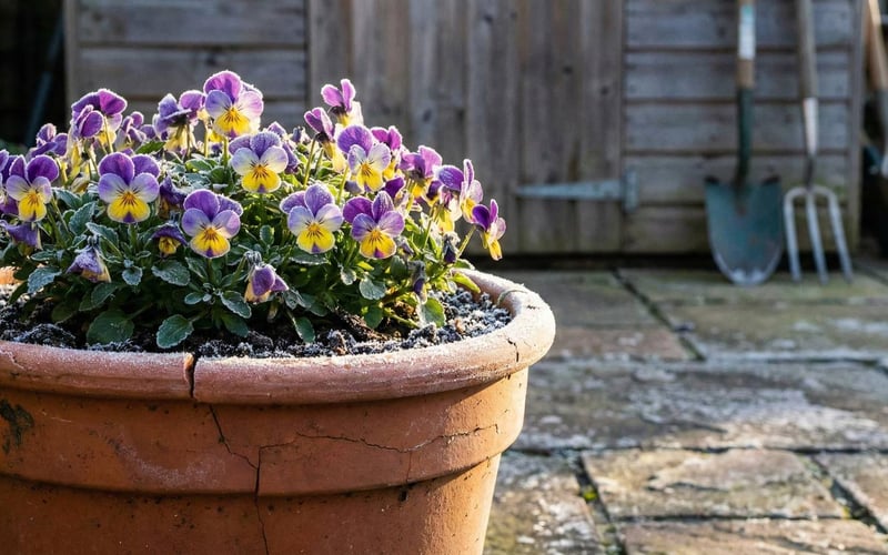 Vibrant purple and yellow winter pansies in a terracotta pot with light morning frost on the rim