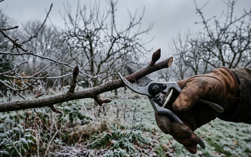 Gardener using bypass secateurs to winter prune a dormant apple tree branch in a UK garden