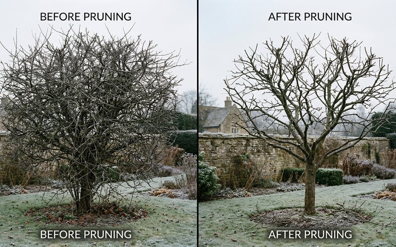 Before and after comparison of a winter pruned apple tree showing open goblet shape