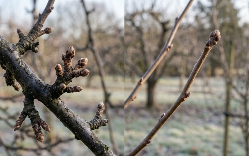 Close-up showing the difference between spur-bearing and tip-bearing apple tree branches in winter