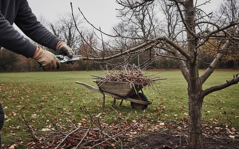 Winter pruning apple tree in November showing proper dormant season cutting technique for UK gardens
