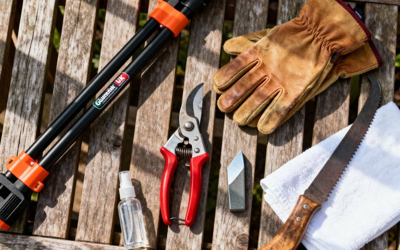 Flat lay of essential pruning tools on wooden background