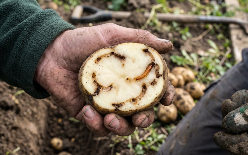 Freshly dug UK potato sliced through showing multiple narrow 2mm-wide circular tunnels running through the flesh with brown-edged healed wounds from wireworm damage