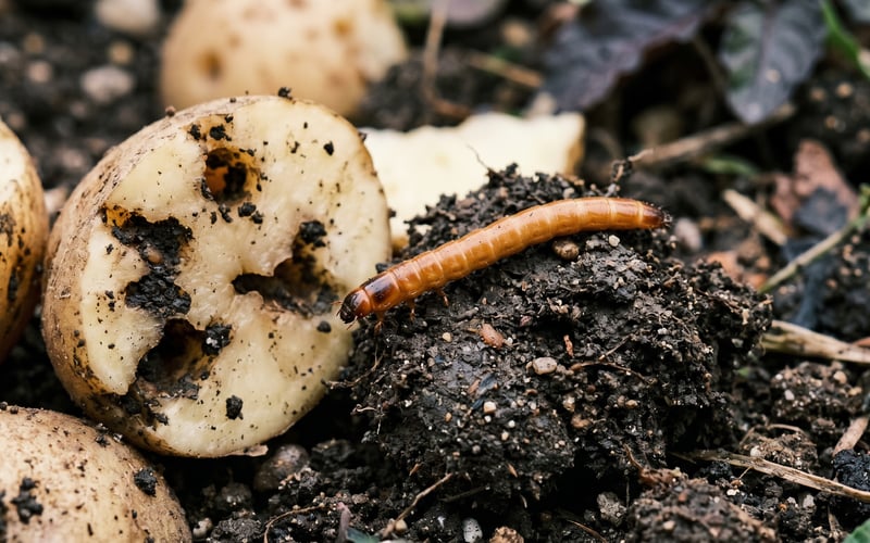 Orange-brown wireworm larva of the click beetle 2-3cm long lying on dark soil between sliced potato pieces showing the characteristic tunnel damage
