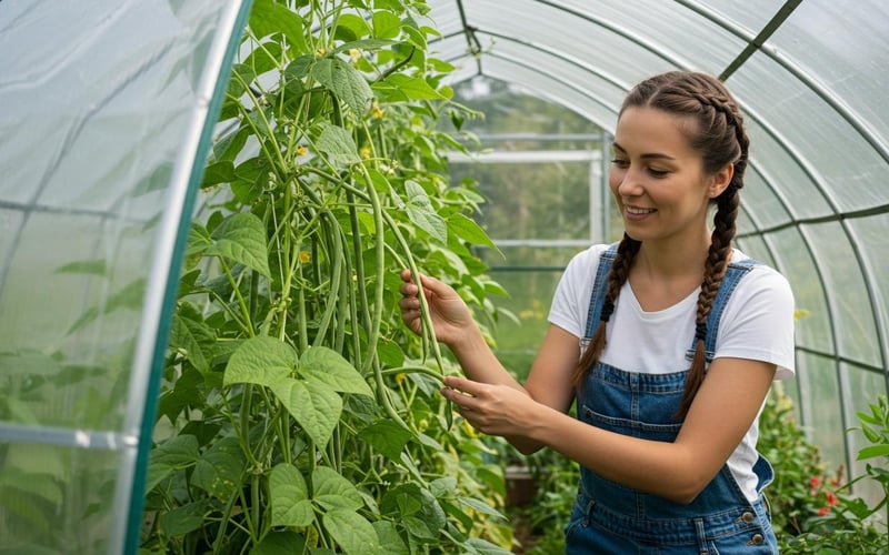 Woman harvesting extra long yardlong snake beans from vertical trellis.
