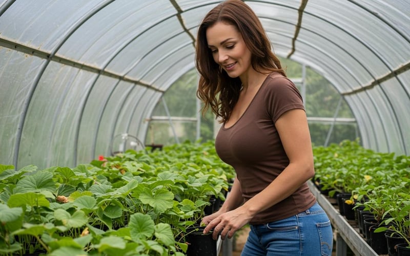Woman tending climbing cucamelon vines with tiny watermelon-like fruits.