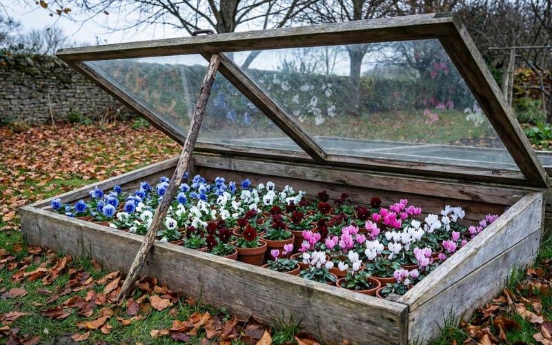 An open wooden cold frame filled with pots of colourful winter pansies and cyclamen