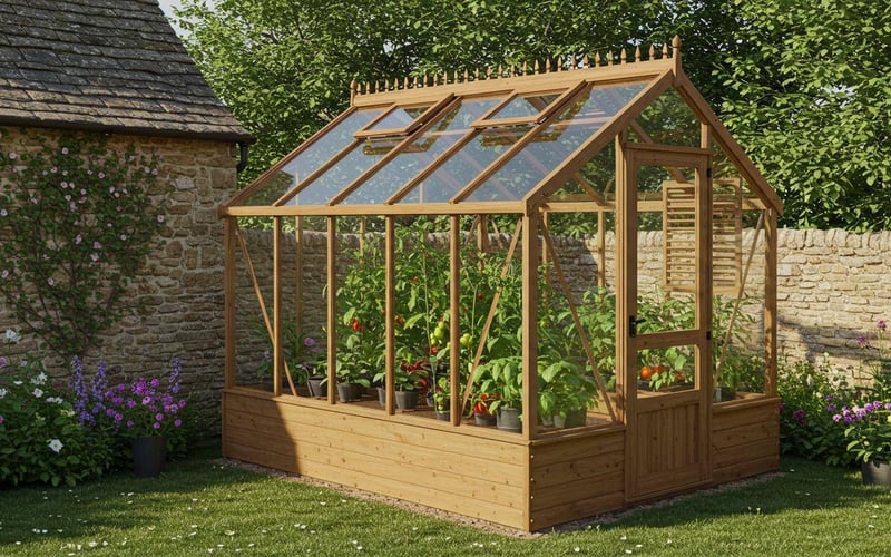 Wooden greenhouse in a summer garden setting demonstrating the importance of proper ventilation and shade