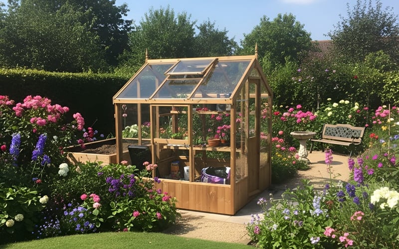Swallow Kingfisher 6x6 wooden greenhouse in a customer flower garden