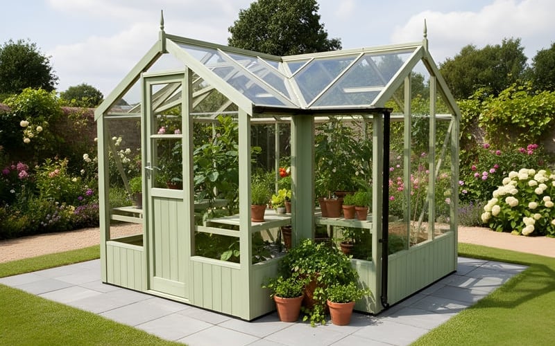 Swallow Cygnet T-shaped painted wooden greenhouse in olive green