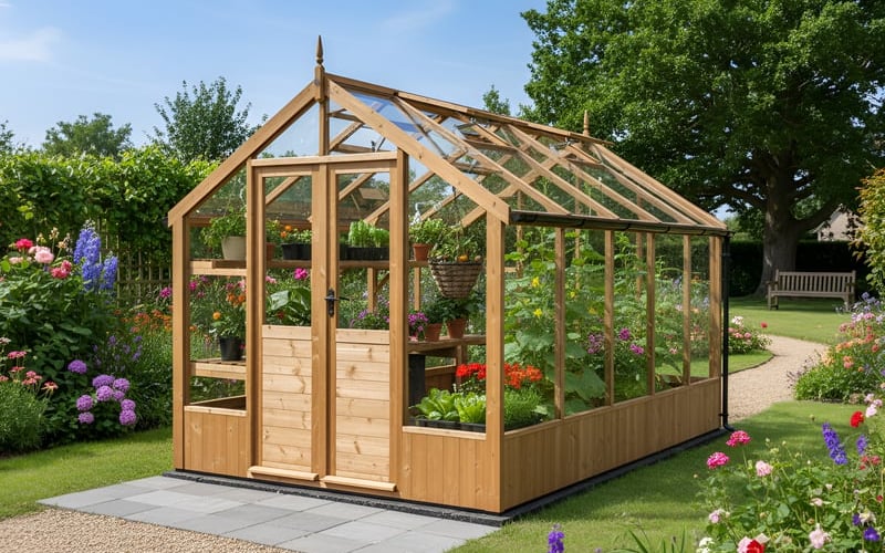 Swallow Raven 8x10 ThermoWood wooden greenhouse in a garden