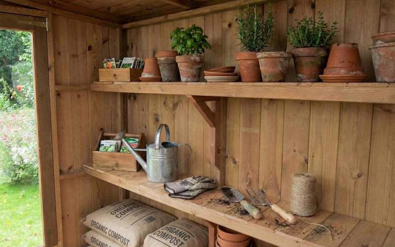 Interior of Swallow Rook potting shed showing garden tools hanging on timber walls and compost bags stored neatly under the staging.