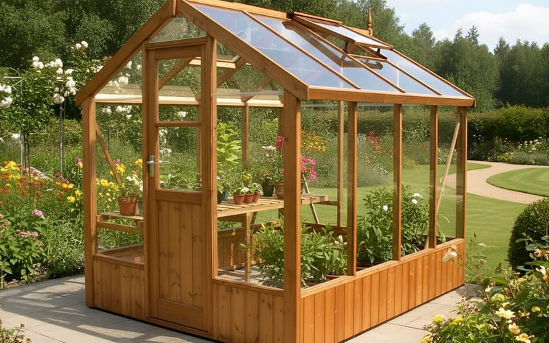 Swallow Kingfisher 6x8 ThermoWood greenhouse in a flower garden