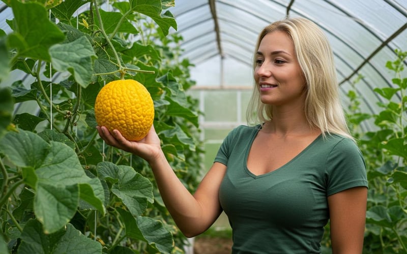 Yellow bumpy exotic melon fruit ripening on vine inside warm greenhouse.