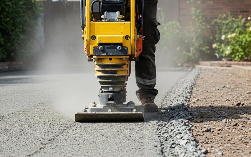 Yellow wacker plate compacting MOT Type 1 hardcore for concrete shed base with safety equipment visible.