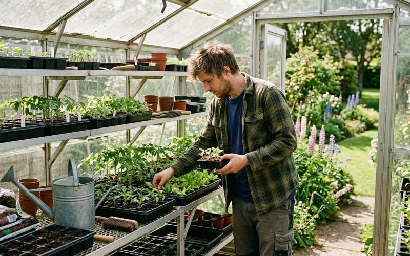 Young gardener checking seedling trays inside a small greenhouse