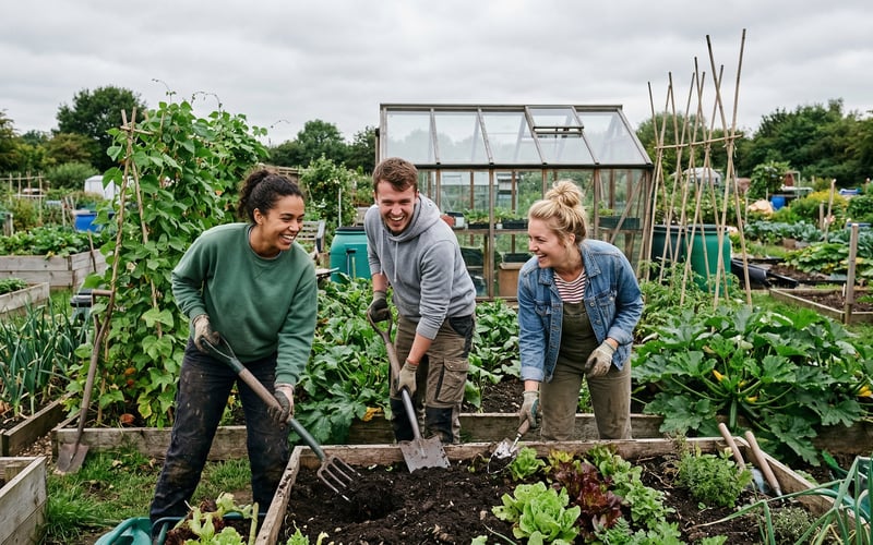Young people working together at a UK community allotment garden