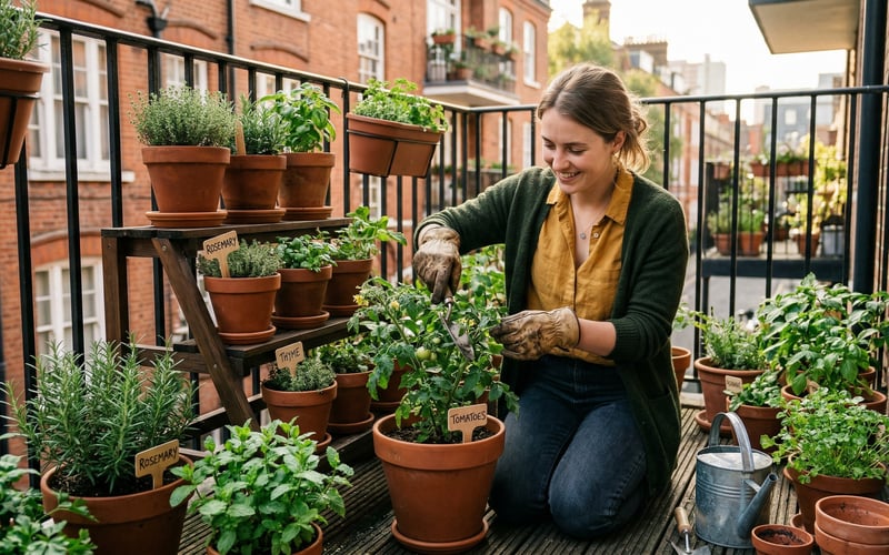 Young person tending container plants on a small UK balcony
