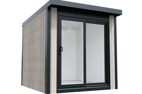 Calmpod 8x8 insulated garden room with full-height glass sliding doors in a contemporary British garden