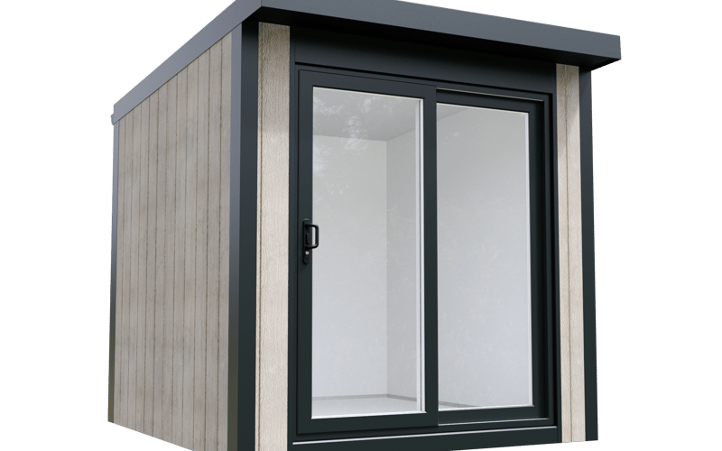 Calmpod 8x8 insulated garden building with sliding door in a modern UK garden