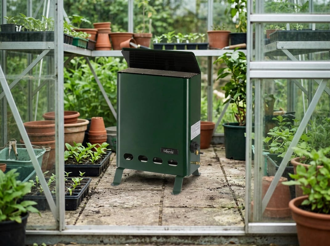 Eden 2KW electric greenhouse heater with thermostat keeping a UK greenhouse frost-free