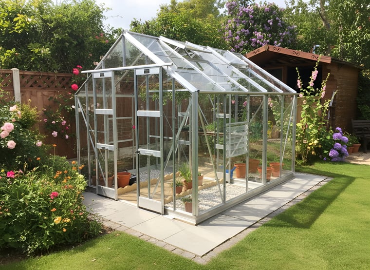 Elite Belmont 8x10 aluminium greenhouse with tomatoes growing in a UK garden