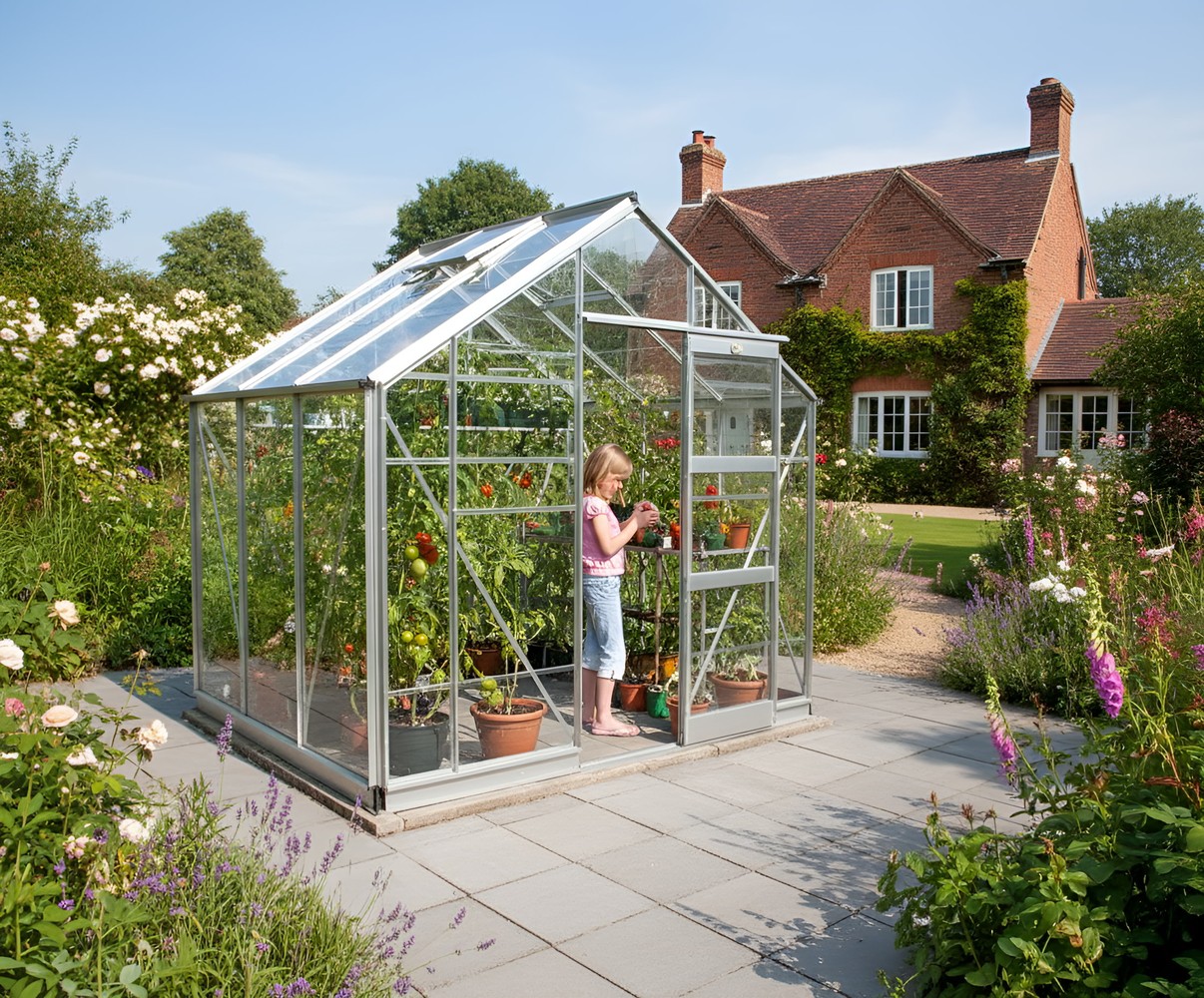 Elite Belmont 8x6 greenhouse in a UK garden - a productive money-saving food garden