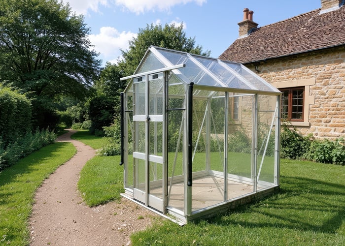 Elite Compact 4x6 aluminium greenhouse in a small courtyard garden