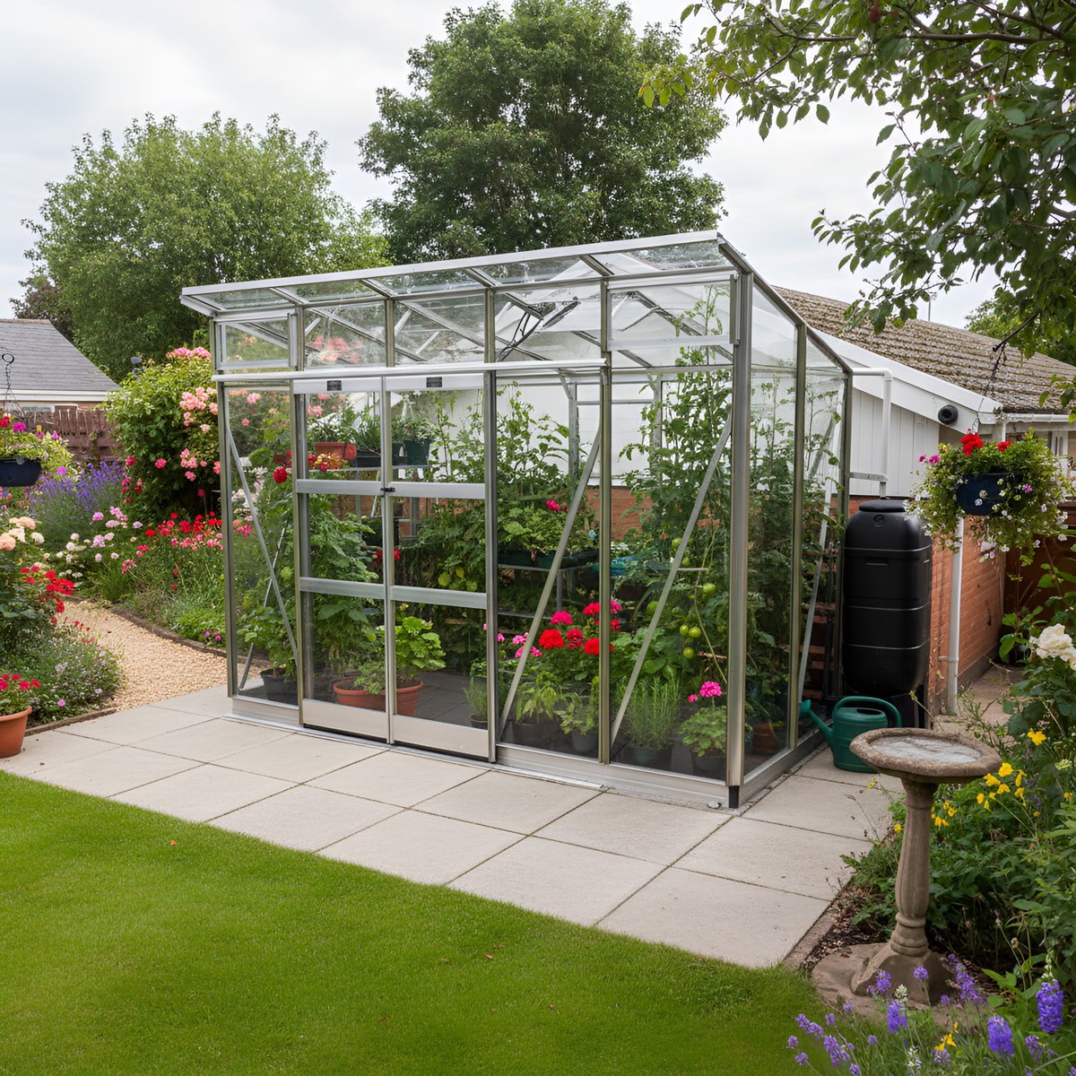 Elite Edge 4x10 silver aluminium pent-roof greenhouse with heavy-gauge frame and toughened glazing, fitted in a narrow UK side return — Elite's narrow-footprint mono-pitch option for terraced houses and walled courtyards