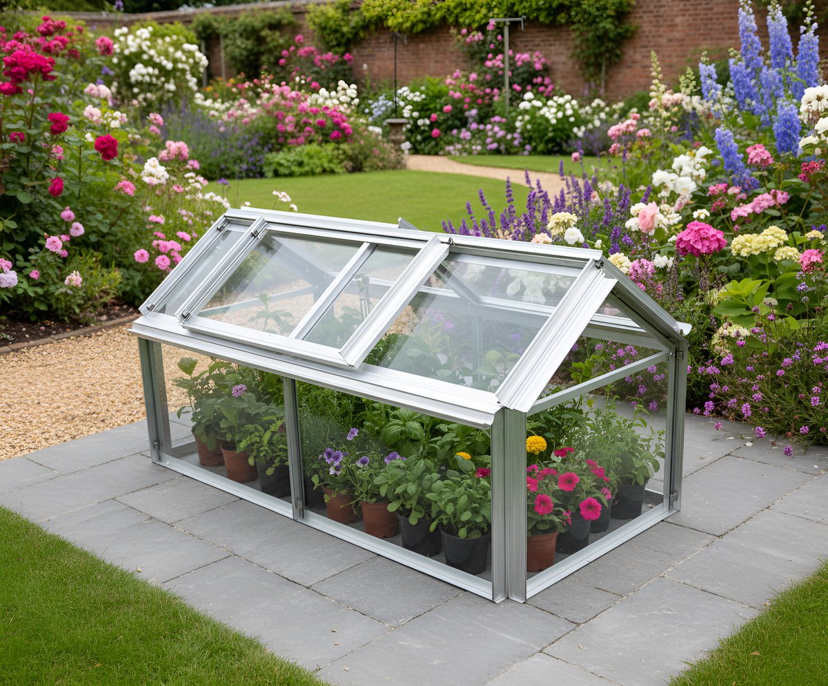 Elite Min E Lite 4x2 cold frame in a UK garden where seedlings are mulched with thin layer of used coffee grounds
