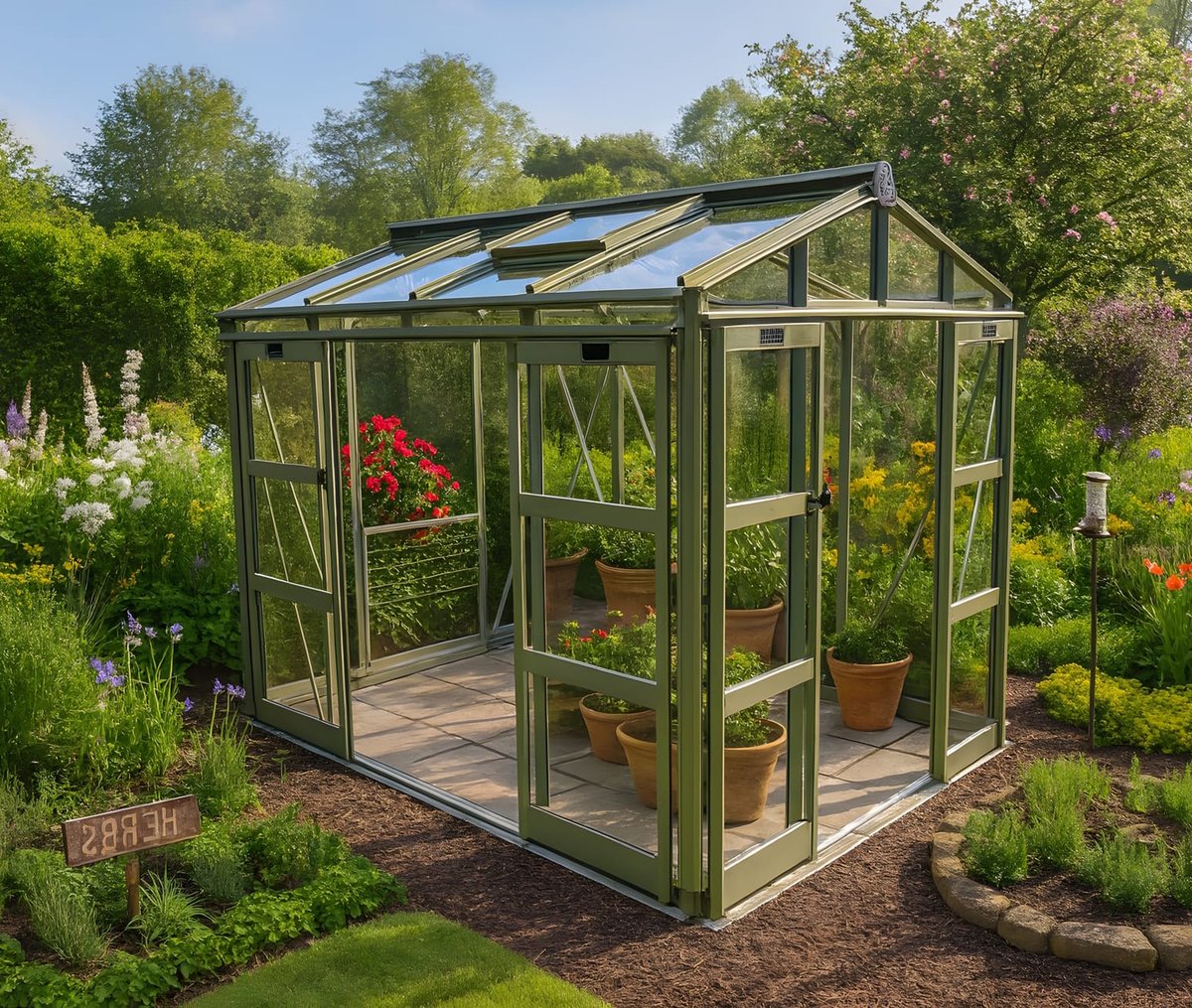 Elite Sanctuary 6x10 premium aluminium greenhouse with heavy-gauge frame, integrated guttering and toughened glazing, fitted in a UK front garden — Elite's architectural premium range with Titan-grade structural strength