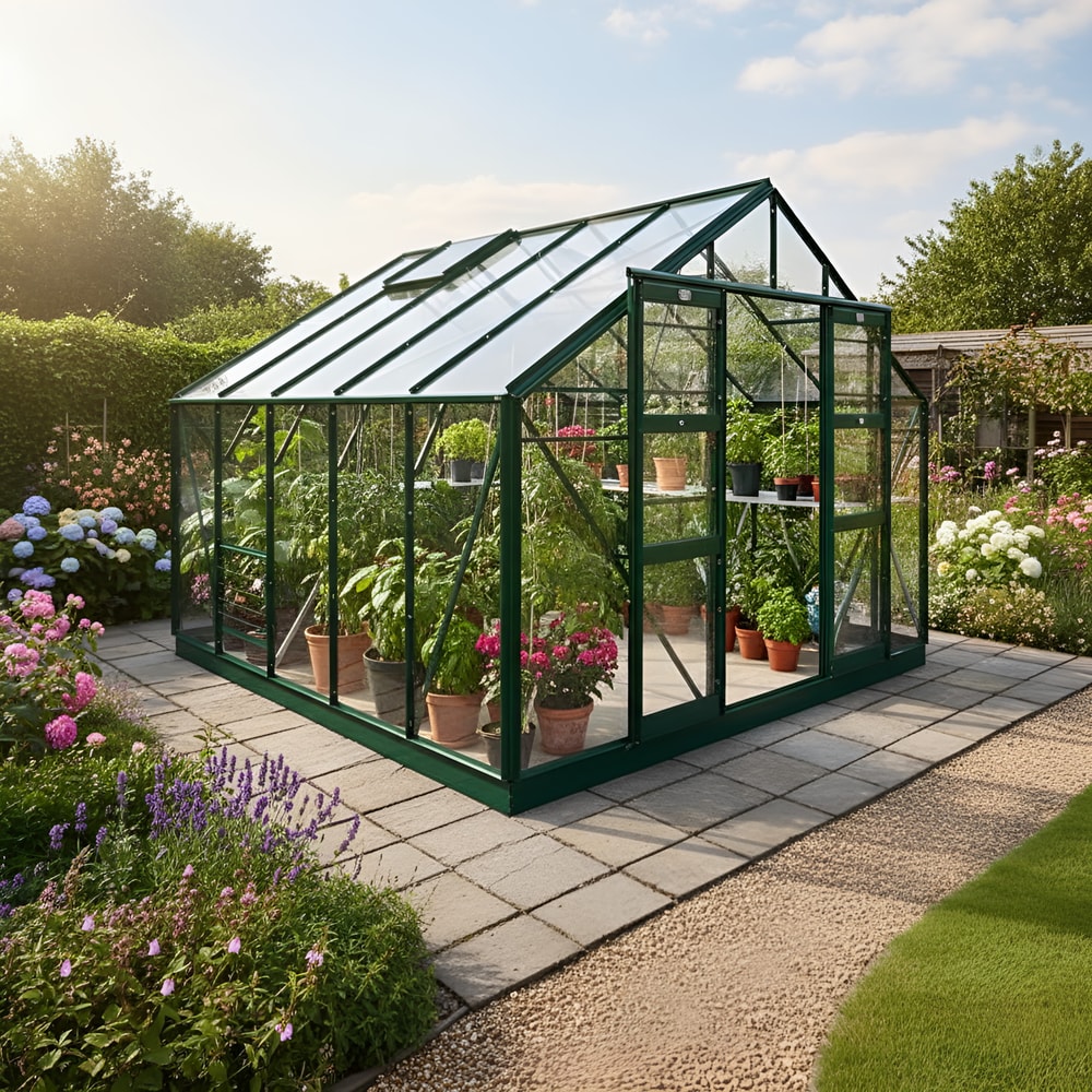 Elite Supreme 10x10 green greenhouse showing the wide internal path width that suits a wheelchair user