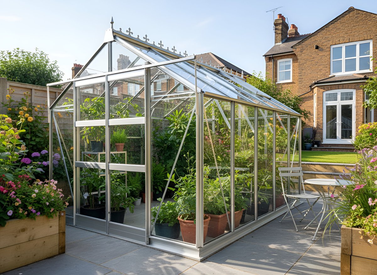 Elite Titan 8x12 heavy-gauge aluminium greenhouse with 1.0mm box-section frame and toughened glazing, fitted on a concrete pad in an exposed UK garden — the mid-range Titan size most commonly quoted for high-wind plots with room for staging on both sides