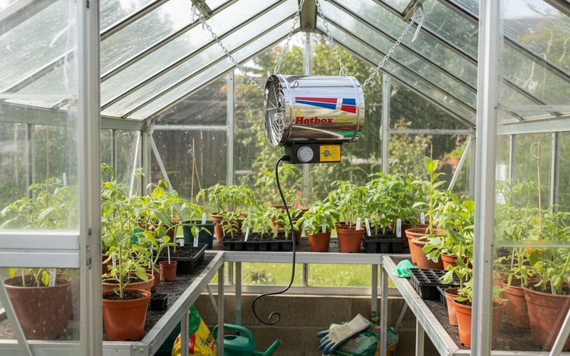 Hotbox Levant 1.8kW electric greenhouse heater hanging from greenhouse frame