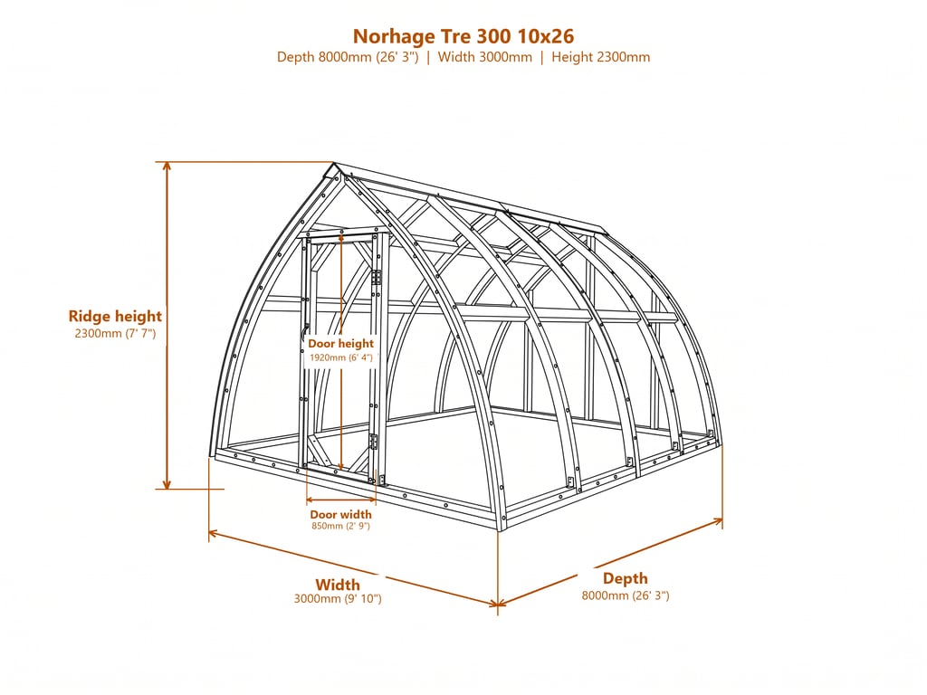 Norhage Tre 300 10x26 greenhouse dimensions diagram