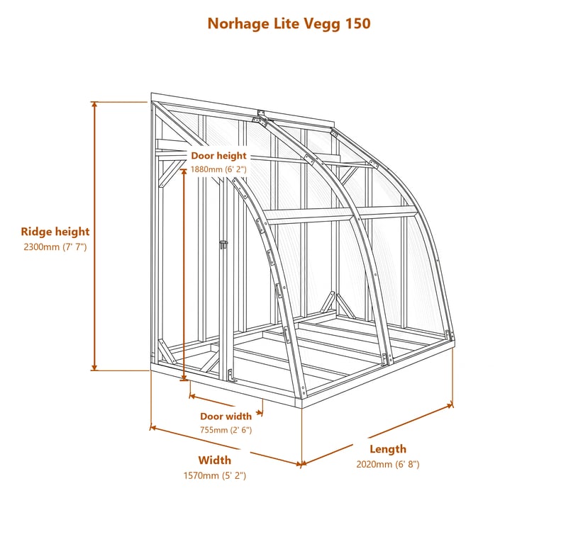 Norhage Lite Vegg 150 lean-to greenhouse dimensions diagram