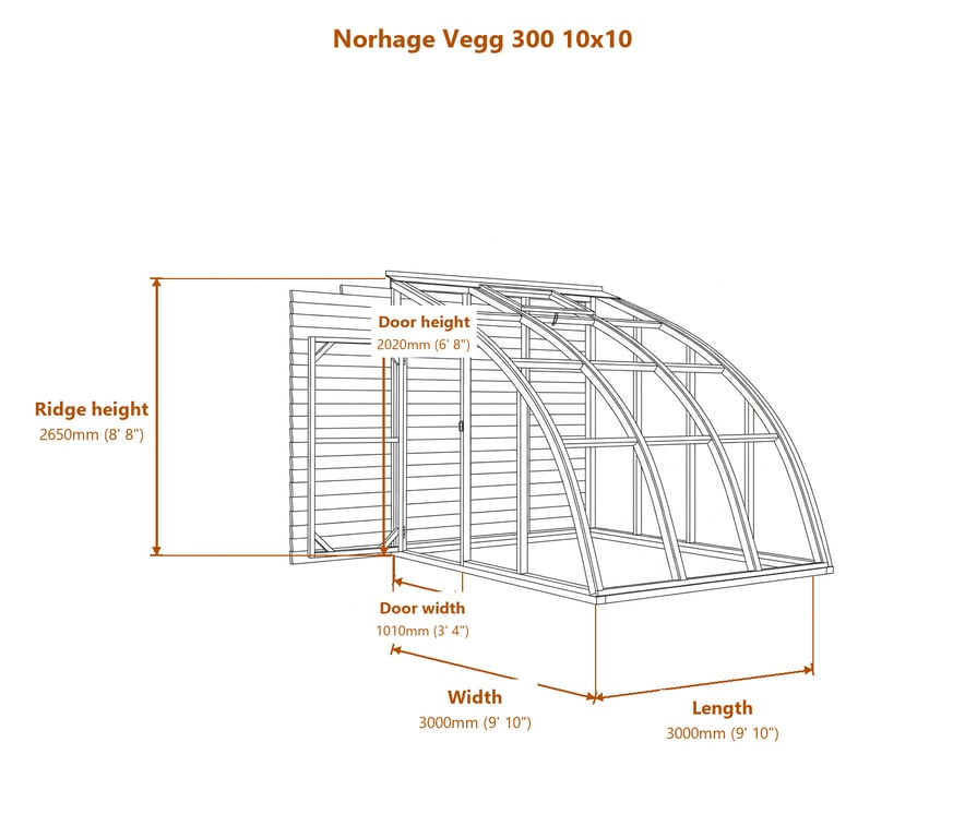 Norhage Vegg 300 10x10 lean-to greenhouse dimensions diagram