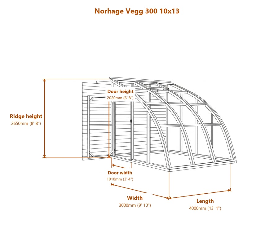 Norhage Vegg 300 10x13 lean-to greenhouse dimensions diagram