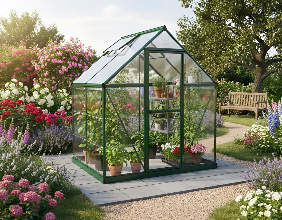 Palram Canopia Hybrid 6x4 green greenhouse with clear polycarbonate sides and twin-wall roof in a small UK garden