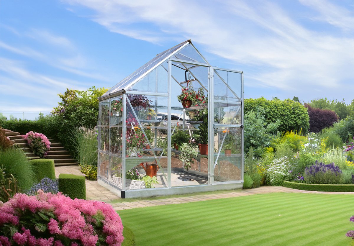 Palram Canopia Harmony 6x4 silver greenhouse with single-wall clear polycarbonate panels suited to small UK gardens